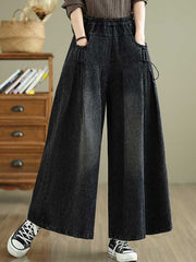 Elasticity Pleated Pockets High Waisted Loose Jean Pants Bottoms
