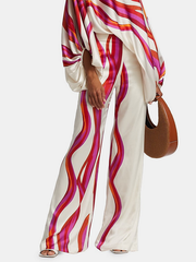 Zreei Urban Wide Leg Loose Printed Off-The-Shoulder Blouses &Casual Pants Two Pieces Set