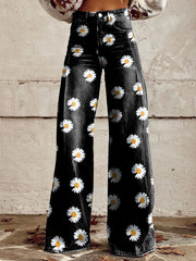 Women's Vintage Daisy Print Casual Wide Leg Pants