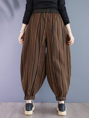 Drawstring Elasticity Split-Joint Striped Harem Pants High Waisted Trousers Pants