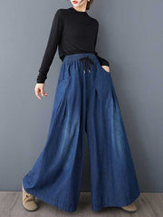 Drawstring Elasticity Pleated Pockets High Waisted Loose Jean Pants Bottoms