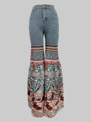 Floral Printed High-Waisted Pockets Flared Pants Jean Pants Bottoms