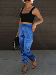 Drawstring Pockets Solid Color Loose Straight Leg Casual Pants Bottoms