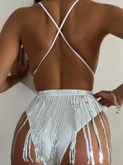Sexy v-neck bling tassel style one-piece swimwear