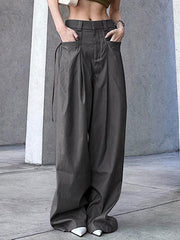 Pleated Solid Color Split-Joint Streamer High Waisted Loose Trousers Pants