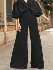 Solid Color Split-Joint Batwing Sleeves Loose Deep V-Neck Jumpsuits Bottoms