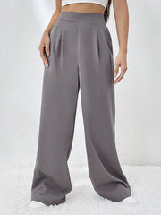 Elasticity Pleated Pockets Solid Color High Waisted Loose Trousers Pants