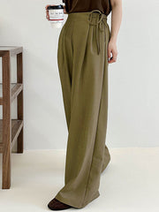 Lace-Up Pleated Solid Color Split-Joint High Waisted Loose Trousers Suit Pants