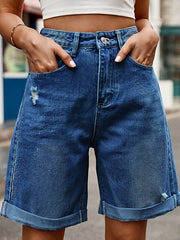 Buttoned Pockets High Waisted Loose Shorts Bottoms Jean Pants Bottoms