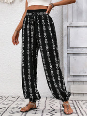Drawstring Elasticity Pleated Printed High Waisted Loose Trousers Pants Knickerbockers