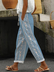 Women's Retro Striped Floral Lace-Up Loose Casual Pants