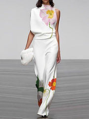 High Waisted Loose Asymmetric Floral Printed Split-Joint Pants Trousers