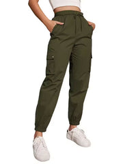 Elasticity Pockets Solid Color Split-Joint Tied Waist High Waisted Trousers Cargo Pants