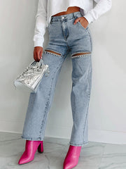 Ripped Split-Joint High Waisted Straight Leg Jean Pants Bottoms