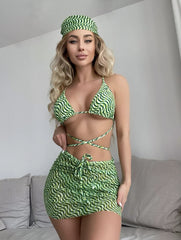 Veil Drawstring Three-Piece Bikini Swimsuit