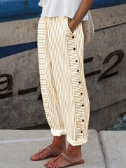 Buttoned Pockets Striped Loose Trousers Pants
