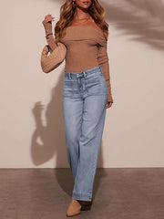Belt Buckle Split-Joint High Waisted Wide Leg Jean Pants Bottoms