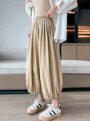 Drawstring Elasticity Pleated Solid Color Split-Joint High Waisted Loose Trousers Pants Ninth Pants Knickerbockers
