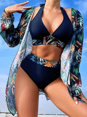 Floral Printed Patchwork Cover Split Swimsuit Three Piece Set