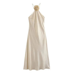 3D Flower Halter Off-the-Shoulder Satin Dress