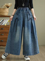 Elasticity Pleated Pockets High Waisted Loose Jean Pants Bottoms