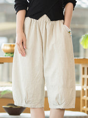 Artistic Retro Loose Ramie Cotton Solid Color Elasticity Shorts