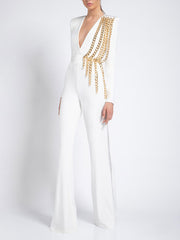 Stylish Deep V-Neck Long Sleeve Chains Empire Wide Leg Jumpsuits