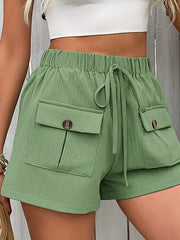 Buttoned Drawstring Elasticity Pockets Solid Color High Waisted Loose Shorts Bottoms