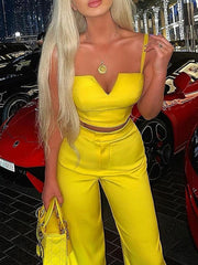 Spaghetti-Neck V-Neck Empire Wide Leg Pants Stylish Two-Piece Suit