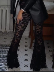 Lace See-Through High Waist Flared Pants In Black