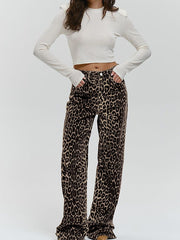 Buttoned Leopard Pockets Split-Joint Loose Trousers Pants