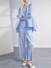 Loose Pleated Solid Color High-Low Round-Neck T-Shirts + Pants Two Pieces Set