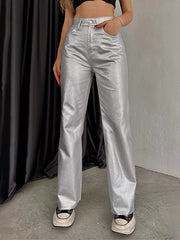 Pockets Solid Color Wide Leg Trousers Pants