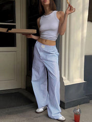 Elasticity Split-Joint Striped High Waisted Loose Trousers Pants