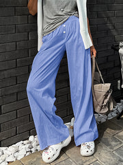 Buttoned Elasticity Split-Joint Striped Loose Wide Leg Trousers Pants