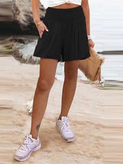 Elasticity Pleated Pockets Solid Color Split-Joint High Waisted Loose Shorts Bottoms