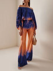 High Waisted Loose Contrast Color Gradient Split-Joint Tie-Dyed Pants Trousers