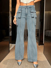 Pockets Split-Joint Streamer Straight Leg Jean Pants Bottoms