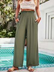 Elasticity Pockets Ruffle Trim Solid Color Loose Wide Leg Trousers Pants