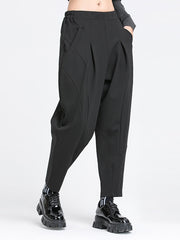 Elasticity Pleated Pockets Solid Color Split-Joint Harem Pants Loose Pants