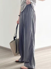 Elasticity Pleated Pockets Solid Color High Waisted Loose Trousers Pants