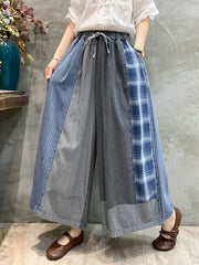 Loose Drawstring Elasticity Plaid Split-Joint Ninth Jean Pants Bottoms