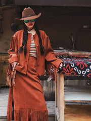 Casual Buckle Tasseled Solid Color Round-Neck Two Pieces Set