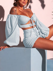 Sexy Bandeau Hollow Bandage Long Sleeves Shirts+ Split-Side Pleated Skirt Two Pieces Set