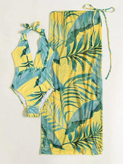 Temperament two-piece tropical print one-piece beach towel swimsuit