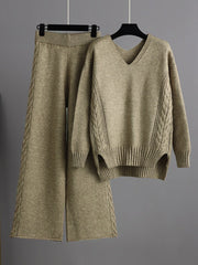 Urban Loose Solid Color V-Neck Sweater Tops& Wide Leg Pants Suits