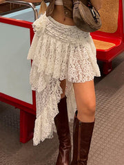 Lace Irregular Mini Skirt In White