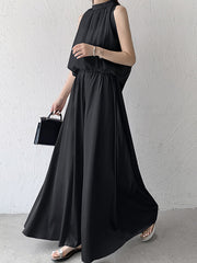 Elasticity Pleated Solid Color High Waisted Loose Pants Culotte