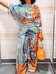 High Waisted Loose Buttoned Pleated Pockets Printed Split-Joint Pants Trousers