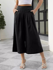 Pleated Pockets Solid Color Split-Joint Flared Pants High Waisted Trousers Ninth Pants